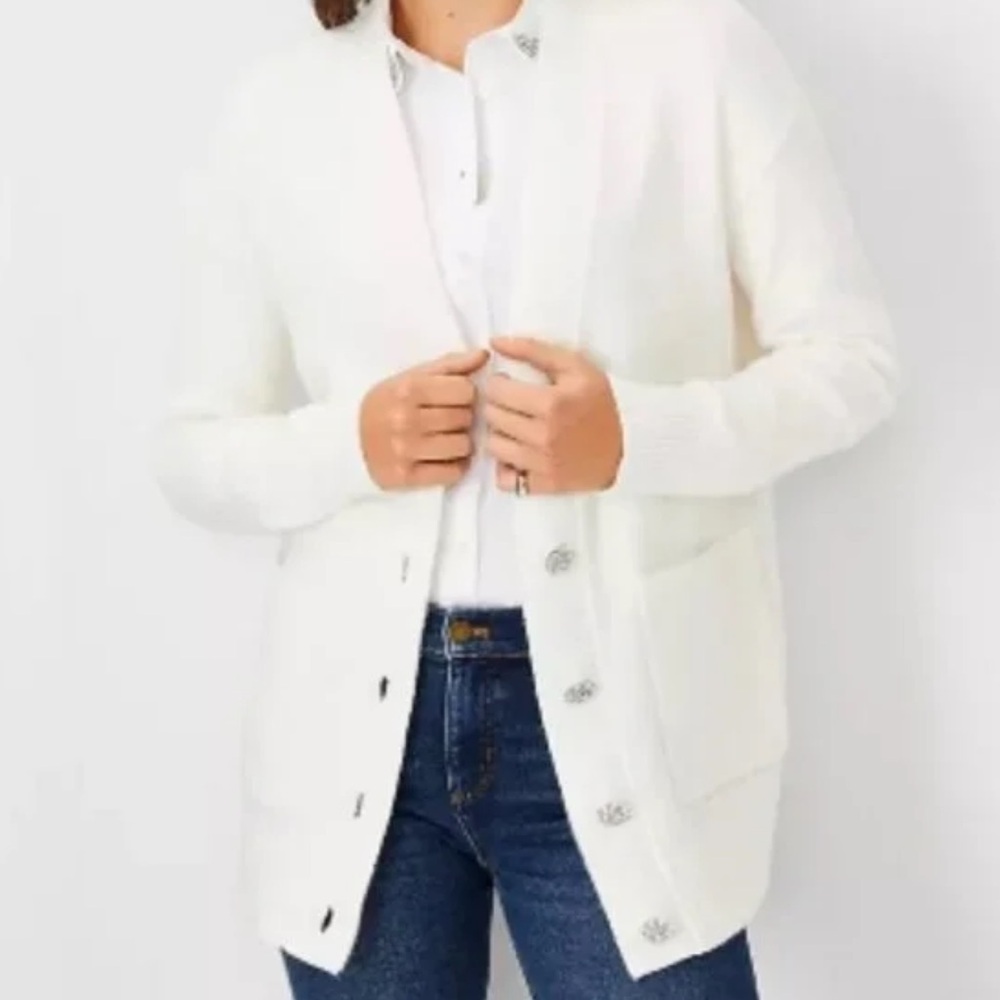 NWT Ann Taylor Jeweled Button Boyfriend Cardigan Winter White oversized SP